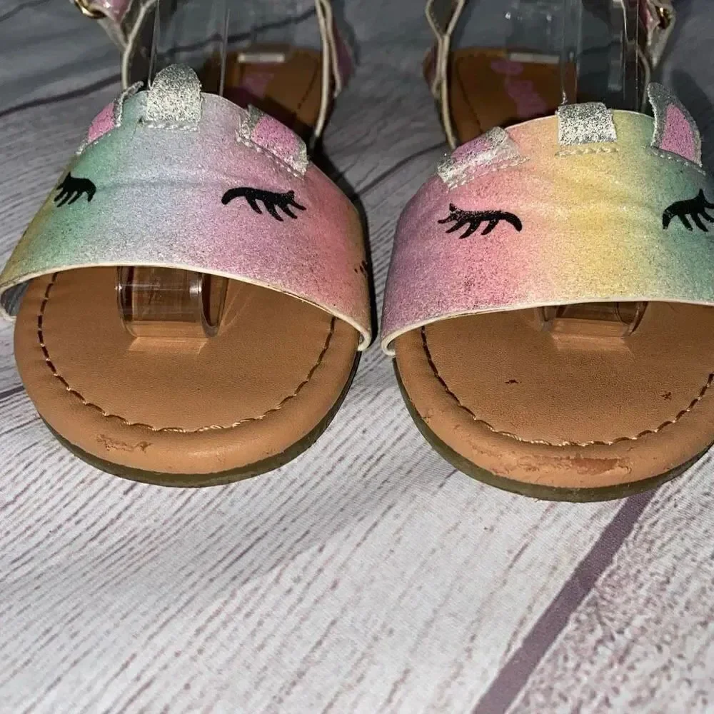 Fab kids girls 13 slip on glitter sandals w/ankle strap closure rainbow/tan